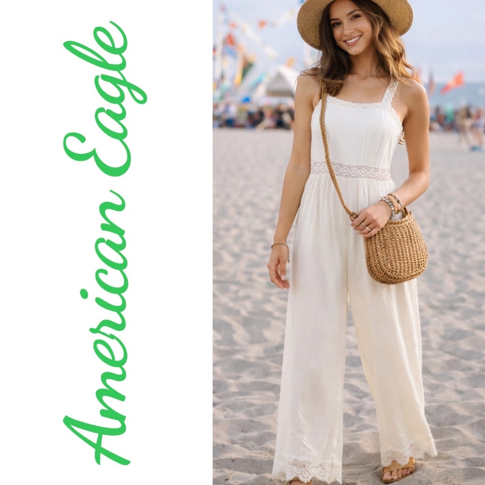 American Eagle Cream Wide‎ Leg Lace Trim Open Back Jumpsuit Boho Cottagecore, S